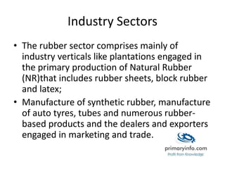 Industry Sectors
• The rubber sector comprises mainly of
industry verticals like plantations engaged in
the primary production of Natural Rubber
(NR)that includes rubber sheets, block rubber
and latex;
• Manufacture of synthetic rubber, manufacture
of auto tyres, tubes and numerous rubber-
based products and the dealers and exporters
engaged in marketing and trade.
 