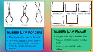 RUBBER DAM FRAME
• It supports the edges of rubber dam
• They are available in either metal or
plastic
• It improves acces...