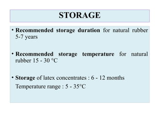 STORAGE
• Recommended storage duration for natural rubber
5-7 years
• Recommended storage temperature for natural
rubber 15 - 30 °C
• Storage of latex concentrates : 6 - 12 months
Temperature range : 5 - 35°C
 