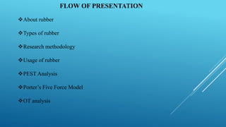FLOW OF PRESENTATION
About rubber
Types of rubber
Research methodology
Usage of rubber
PEST Analysis
Porter’s Five Force Model
OT analysis
 