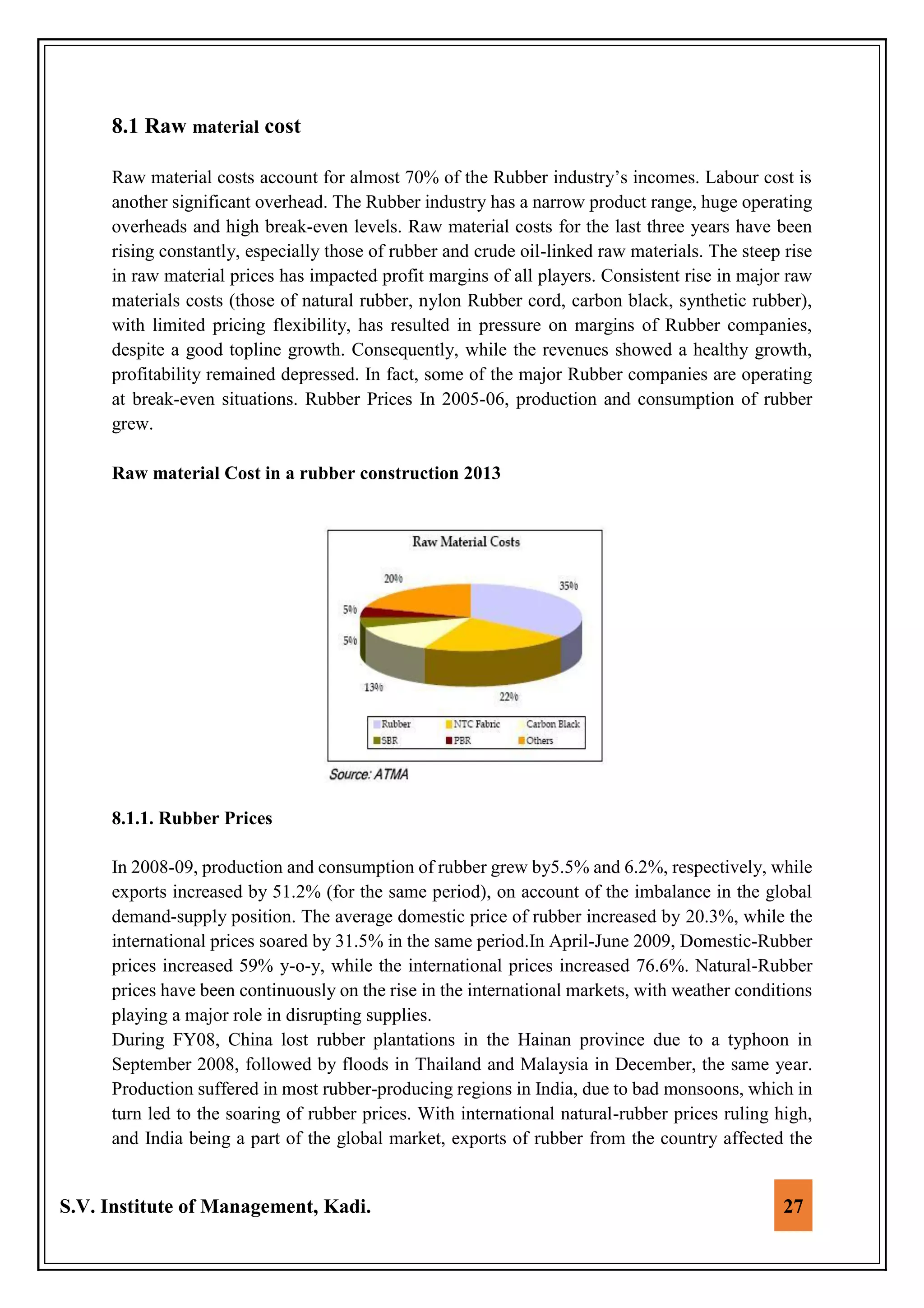 S.V. Institute of Management, Kadi. 27
8.1 Raw material cost
Raw material costs account for almost 70% of the Rubber industry’s incomes. Labour cost is
another significant overhead. The Rubber industry has a narrow product range, huge operating
overheads and high break-even levels. Raw material costs for the last three years have been
rising constantly, especially those of rubber and crude oil-linked raw materials. The steep rise
in raw material prices has impacted profit margins of all players. Consistent rise in major raw
materials costs (those of natural rubber, nylon Rubber cord, carbon black, synthetic rubber),
with limited pricing flexibility, has resulted in pressure on margins of Rubber companies,
despite a good topline growth. Consequently, while the revenues showed a healthy growth,
profitability remained depressed. In fact, some of the major Rubber companies are operating
at break-even situations. Rubber Prices In 2005-06, production and consumption of rubber
grew.
Raw material Cost in a rubber construction 2013
8.1.1. Rubber Prices
In 2008-09, production and consumption of rubber grew by5.5% and 6.2%, respectively, while
exports increased by 51.2% (for the same period), on account of the imbalance in the global
demand-supply position. The average domestic price of rubber increased by 20.3%, while the
international prices soared by 31.5% in the same period.In April-June 2009, Domestic-Rubber
prices increased 59% y-o-y, while the international prices increased 76.6%. Natural-Rubber
prices have been continuously on the rise in the international markets, with weather conditions
playing a major role in disrupting supplies.
During FY08, China lost rubber plantations in the Hainan province due to a typhoon in
September 2008, followed by floods in Thailand and Malaysia in December, the same year.
Production suffered in most rubber-producing regions in India, due to bad monsoons, which in
turn led to the soaring of rubber prices. With international natural-rubber prices ruling high,
and India being a part of the global market, exports of rubber from the country affected the
 