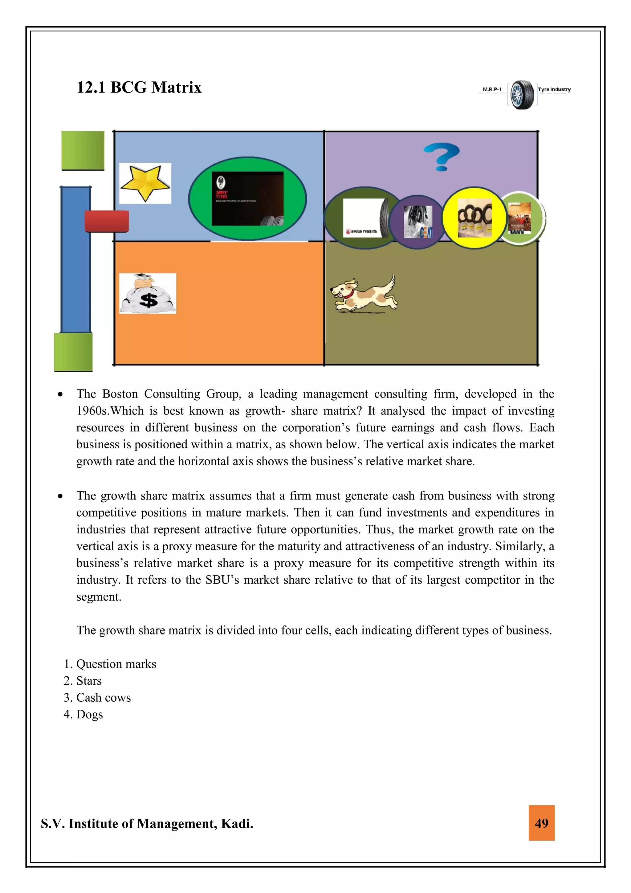 S.V. Institute of Management, Kadi. 49
12.1 BCG Matrix
 The Boston Consulting Group, a leading management consulting firm, developed in the
1960s.Which is best known as growth- share matrix? It analysed the impact of investing
resources in different business on the corporation’s future earnings and cash flows. Each
business is positioned within a matrix, as shown below. The vertical axis indicates the market
growth rate and the horizontal axis shows the business’s relative market share.
 The growth share matrix assumes that a firm must generate cash from business with strong
competitive positions in mature markets. Then it can fund investments and expenditures in
industries that represent attractive future opportunities. Thus, the market growth rate on the
vertical axis is a proxy measure for the maturity and attractiveness of an industry. Similarly, a
business’s relative market share is a proxy measure for its competitive strength within its
industry. It refers to the SBU’s market share relative to that of its largest competitor in the
segment.
The growth share matrix is divided into four cells, each indicating different types of business.
1. Question marks
2. Stars
3. Cash cows
4. Dogs
 