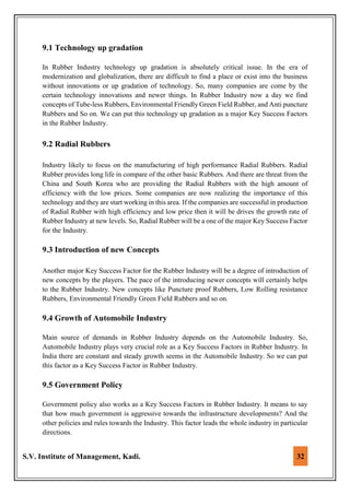 S.V. Institute of Management, Kadi. 32
9.1 Technology up gradation
In Rubber Industry technology up gradation is absolutely critical issue. In the era of
modernization and globalization, there are difficult to find a place or exist into the business
without innovations or up gradation of technology. So, many companies are come by the
certain technology innovations and newer things. In Rubber Industry now a day we find
concepts of Tube-less Rubbers, Environmental Friendly Green Field Rubber, and Anti puncture
Rubbers and So on. We can put this technology up gradation as a major Key Success Factors
in the Rubber Industry.
9.2 Radial Rubbers
Industry likely to focus on the manufacturing of high performance Radial Rubbers. Radial
Rubber provides long life in compare of the other basic Rubbers. And there are threat from the
China and South Korea who are providing the Radial Rubbers with the high amount of
efficiency with the low prices. Some companies are now realizing the importance of this
technology and they are start working in this area. If the companies are successful in production
of Radial Rubber with high efficiency and low price then it will be drives the growth rate of
Rubber Industry at new levels. So, Radial Rubber will be a one of the major Key Success Factor
for the Industry.
9.3 Introduction of new Concepts
Another major Key Success Factor for the Rubber Industry will be a degree of introduction of
new concepts by the players. The pace of the introducing newer concepts will certainly helps
to the Rubber Industry. New concepts like Puncture proof Rubbers, Low Rolling resistance
Rubbers, Environmental Friendly Green Field Rubbers and so on.
9.4 Growth of Automobile Industry
Main source of demands in Rubber Industry depends on the Automobile Industry. So,
Automobile Industry plays very crucial role as a Key Success Factors in Rubber Industry. In
India there are constant and steady growth seems in the Automobile Industry. So we can put
this factor as a Key Success Factor in Rubber Industry.
9.5 Government Policy
Government policy also works as a Key Success Factors in Rubber Industry. It means to say
that how much government is aggressive towards the infrastructure developments? And the
other policies and rules towards the Industry. This factor leads the whole industry in particular
directions.
 