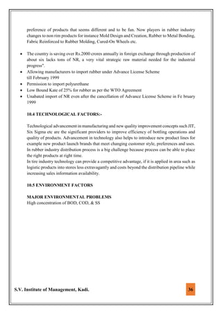 S.V. Institute of Management, Kadi. 36
preference of products that seems different and to be fun. Now players in rubber industry
changes to non rim products for instance Mold Design and Creation, Rubber to Metal Bonding,
Fabric Reinforced to Rubber Molding, Cured-On Wheels etc.
 The country is saving over Rs.2000 crores annually in foreign exchange through production of
about six lacks tons of NR, a very vital strategic raw material needed for the industrial
progress".
 Allowing manufacturers to import rubber under Advance License Scheme
till February 1999
 Permission to import polyurethane
 Low Bound Kate of 25% for rubber as per the WTO Agreement
 Unabated import of NR even after the cancellation of Advance License Scheme in Fe bruary
1999
10.4 TECHNOLOGICAL FACTORS:-
Technological advancement in manufacturing and new quality improvement concepts such JIT,
Six Sigma etc are the significant providers to improve efficiency of bottling operations and
quality of products. Advancement in technology also helps to introduce new product lines for
example new product launch brands that meet changing customer style, preferences and uses.
In rubber industry distribution process is a big challenge because process can be able to place
the right products at right time.
In tire industry technology can provide a competitive advantage, if it is applied in area such as
logistic products into stores less extravagantly and costs beyond the distribution pipeline while
increasing sales information availability.
10.5 ENVIRONMENT FACTORS
MAJOR ENVIRONMENTAL PROBLEMS
High concentration of BOD, COD, & SS
 