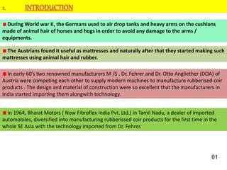 During World war II, the Germans used to air drop tanks and heavy arms on the cushions
made of animal hair of horses and hogs in order to avoid any damage to the arms /
equipments.
The Austrians found it useful as mattresses and naturally after that they started making such
mattresses using animal hair and rubber.
In early 60’s two renowned manufacturers M /S . Dr. Fehrer and Dr. Otto Angliether (DOA) of
Austria were competing each other to supply modern machines to manufacture rubberised coir
products . The design and material of construction were so excellent that the manufacturers in
India started importing them alongwith technology.
In 1964, Bharat Motors ( Now Fibroflex India Pvt. Ltd.) in Tamil Nadu, a dealer of imported
automobiles, diversified into manufacturing rubberissed coir products for the first time in the
whole SE Asia with the technology imported from Dr. Fehrer.
01
 