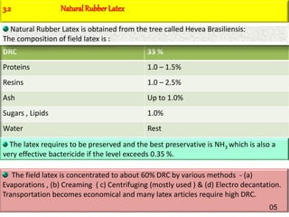 DRC 33 %
Proteins 1.0 – 1.5%
Resins 1.0 – 2.5%
Ash Up to 1.0%
Sugars , Lipids 1.0%
Water Rest
3.2 Natural RubberLatex
The latex requires to be preserved and the best preservative is NH3 which is also a
very effective bactericide if the level exceeds 0.35 %.
The field latex is concentrated to about 60% DRC by various methods - (a)
Evaporations , (b) Creaming ( c) Centrifuging (mostly used ) & (d) Electro decantation.
Transportation becomes economical and many latex articles require high DRC.
Natural Rubber Latex is obtained from the tree called Hevea Brasiliensis:
The composition of field latex is :
05
 