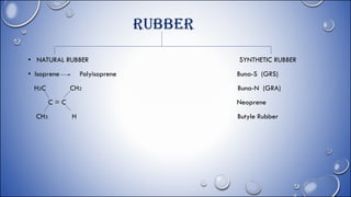 RUBBER
• NATURAL RUBBER SYNTHETIC RUBBER
• Isoprene Polyisoprene Buna-S (GRS)
H2C CH2 Buna-N (GRA)
C = C Neoprene
CH3 H Butyle Rubber
 