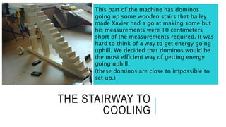 THE STAIRWAY TO
COOLING
This part of the machine has dominos
going up some wooden stairs that bailey
made Xavier had a go at making some but
his measurements were 10 centimeters
short of the measurements required. It was
hard to think of a way to get energy going
uphill. We decided that dominos would be
the most efficient way of getting energy
going uphill.
(these dominos are close to impossible to
set up.)
 