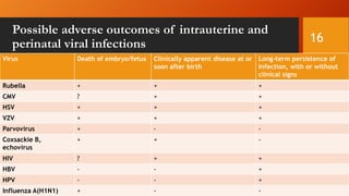 Possible adverse outcomes of intrauterine and
perinatal viral infections
Virus Death of embryo/fetus Clinically apparent disease at or
soon after birth
Long-term persistence of
infection, with or without
clinical signs
Rubella + + +
CMV ? + +
HSV + + +
VZV + + +
Parvovirus + - -
Coxsackie B,
echovirus
+ + -
HIV ? + +
HBV - - +
HPV - - +
Influenza A(H1N1) + - -
16
 