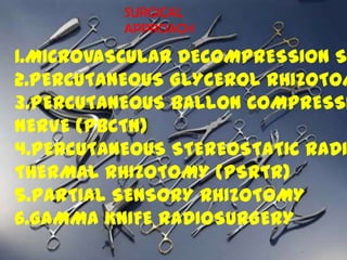 SURGICAL
APPROACH

1.MICROVASCULAR DECOMPRESSION S
2.PERCUTANEOUS GLYCEROL RHIZOTOM
3.PERCUTANEOUS BALLON COMPRESSI
NERVE (PBCTN)
4.PERCUTANEOUS STEREOSTATIC RADI
THERMAL RHIZOTOMY (PSRTR)
5.PARTIAL SENSORY RHIZOTOMY
6.GAMMA KNIFE RADIOSURGERY

 