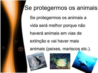 Se protegermos os animais Se protegermos os animais a vida será melhor porque não  haverá animais em vias de extinção e vai haver mais animais (peixes, mariscos etc.). 