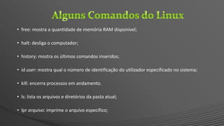 • free: mostra a quantidade de memória RAM disponível;
• halt: desliga o computador;
• history: mostra os últimos comandos inseridos;
• id user: mostra qual o número de identificação do utilizador especificado no sistema;
• kill: encerra processos em andamento.
• ls: lista os arquivos e diretórios da pasta atual;
• lpr arquivo: imprime o arquivo especifico;
 