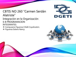 CBTIS NO 260 “Carmen Serdán
Alatriste”
Integración en la Organización
6-B PROGRAMACION
INTEGRANTES:
 Campuzano Figueroa Citlalli Coyolicatzin.
 Figueroa Solano Nancy.
 