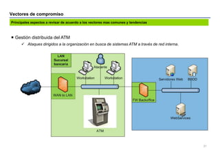 Vectores de compromiso
21
 Gestión distribuida del ATM
 Ataques dirigidos a la organización en busca de sistemas ATM a t...