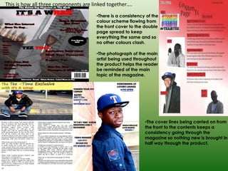 This is how all three components are linked together….
                                      •There is a consistency of the
                                      colour scheme flowing from
                                      the front cover to the double
                                      page spread to keep
                                      everything the same and so
                                      no other colours clash.

                                      •The photograph of the main
                                      artist being used throughout
                                      the product helps the reader
                                      be reminded of the main
                                      topic of the magazine.




                                                             •The cover lines being carried on from
                                                             the front to the contents keeps a
                                                             consistency going through the
                                                             magazine so nothing new is brought in
                                                             half way through the product.
 