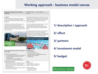 Working approach - business model canvas
1/ description / approach
2/ effect
3/ partners
4/ investment model
5/ budget
Workshop tables
 