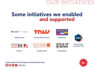 OUR INITIATIVES
Some initiatives we enabled
and supported
StudiStartupJob The Next Web Conference Ready2Scale
IXA Next WorldSummitAI ScaleUpNation
Dutch Student
Investment Fund
 
