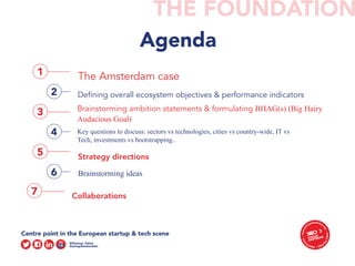 4
6
THE FOUNDATION
Agenda
5
Key questions to discuss: sectors vs technologies, cities vs country-wide, IT vs
Tech, investments vs bootstrapping..
Strategy directions
Brainstorming ideas
1 The Amsterdam case
2 Defining overall ecosystem objectives & performance indicators
3 Brainstorming ambition statements & formulating BHAG(s) (Big Hairy
Audacious Goal)
7 Collaborations
 