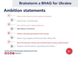 8
4
6
Ambition statements
5
7
Make Odessa a Tech Brand
Kharkiv is the fastest growing tech hub in Europe
Ukraine is top 5, together with SF, London, Berlin, Boston, NYC
Kyiv is the showcase in being a top 3 tech hub that is running on talent steroids
Everyone in Tech from Ukraine, is proud they are from Ukraine
1 Ukraine is the number one city for startups to accelerate
2 Ukraine is top 1 in Central Europe
3 Kiev is a front runner in defining what’s next
Brainstorm a BHAG for Ukraine
 