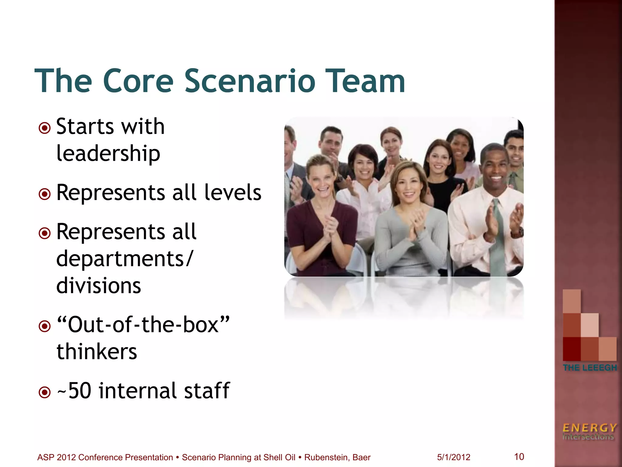 The Core Scenario Team
 Starts with
leadership
 Represents all levels
 Represents all
departments/
divisions
 “Out-of-the-box”
thinkers
 ~50 internal staff
10ASP 2012 Conference Presentation  Scenario Planning at Shell Oil  Rubenstein, Baer 5/1/2012
 