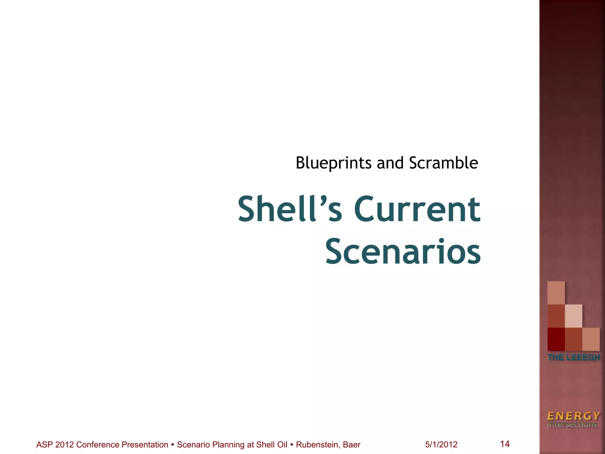 Shell’s Current
Scenarios
Blueprints and Scramble
14ASP 2012 Conference Presentation  Scenario Planning at Shell Oil  Rubenstein, Baer 5/1/2012
 
