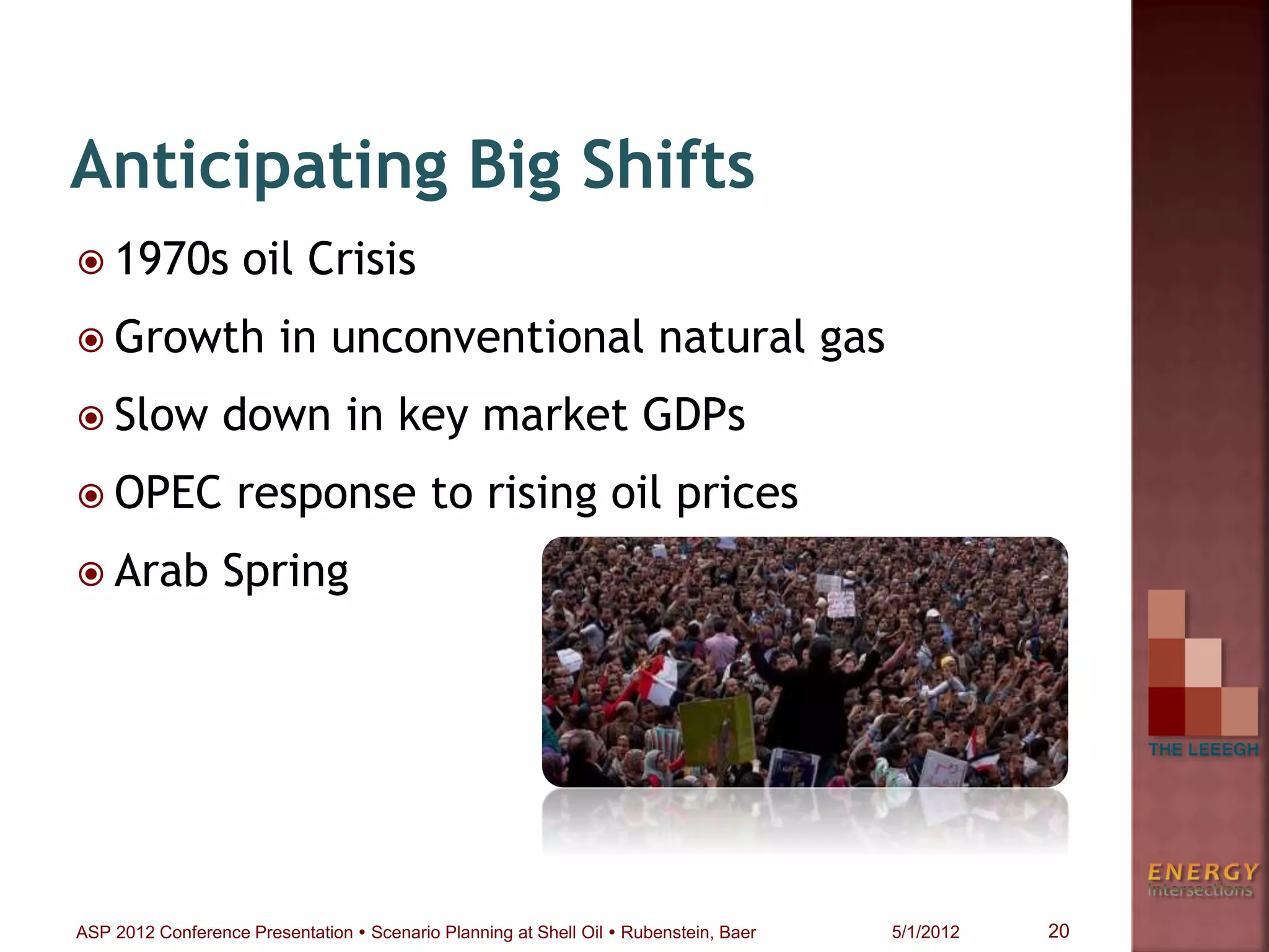  1970s oil Crisis
 Growth in unconventional natural gas
 Slow down in key market GDPs
 OPEC response to rising oil prices
 Arab Spring
Anticipating Big Shifts
20ASP 2012 Conference Presentation  Scenario Planning at Shell Oil  Rubenstein, Baer 5/1/2012
 