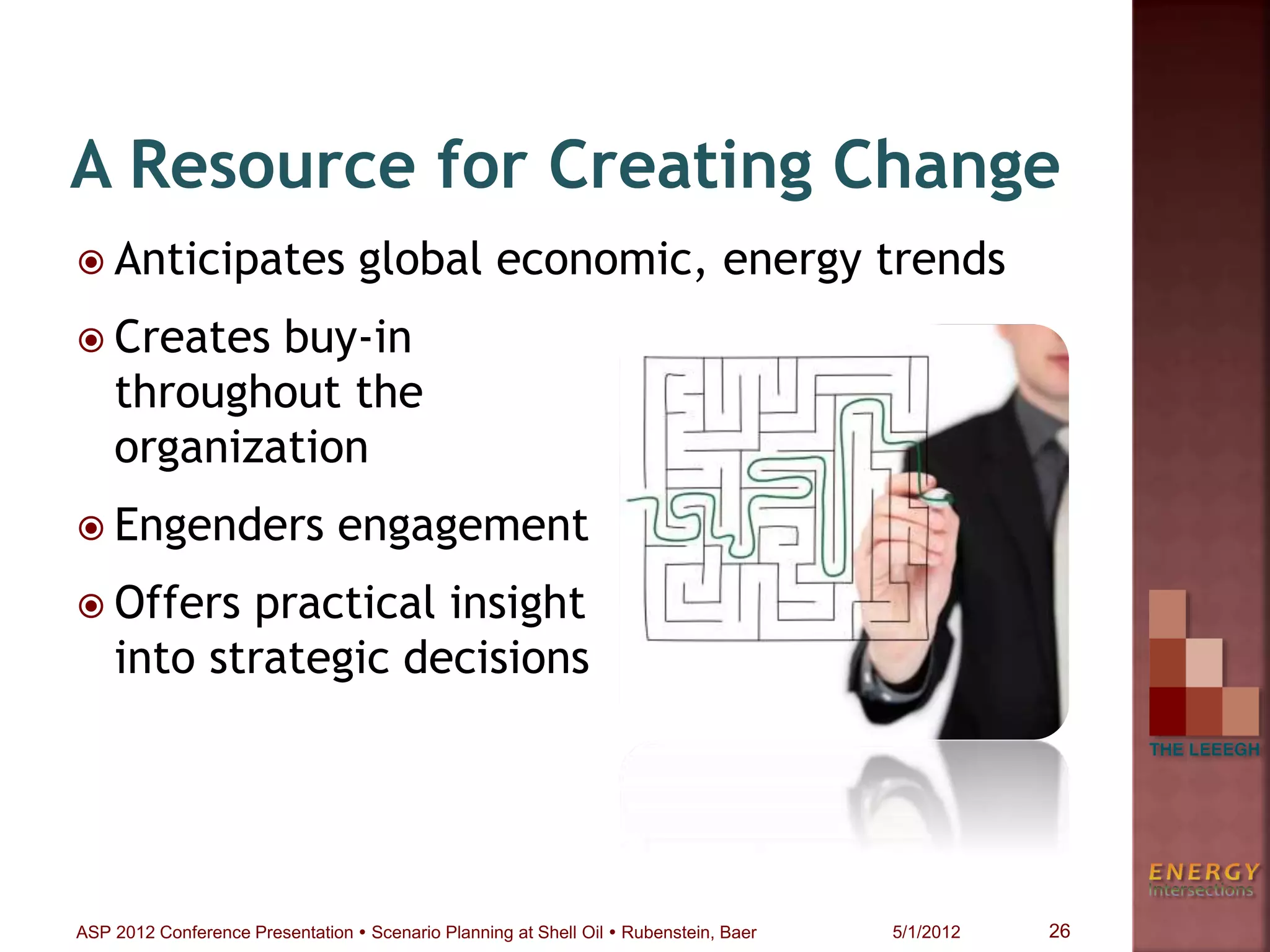  Anticipates global economic, energy trends
 Creates buy-in
throughout the
organization
 Engenders engagement
 Offers practical insight
into strategic decisions
A Resource for Creating Change
26ASP 2012 Conference Presentation  Scenario Planning at Shell Oil  Rubenstein, Baer 5/1/2012
 