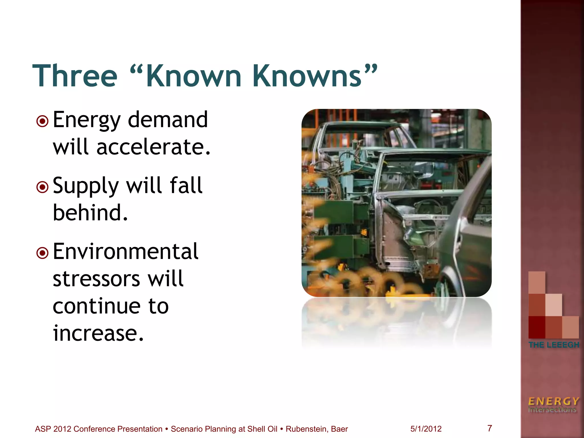 Three “Known Knowns”
 Energy demand
will accelerate.
 Supply will fall
behind.
 Environmental
stressors will
continue to
increase.
7ASP 2012 Conference Presentation  Scenario Planning at Shell Oil  Rubenstein, Baer 5/1/2012
 