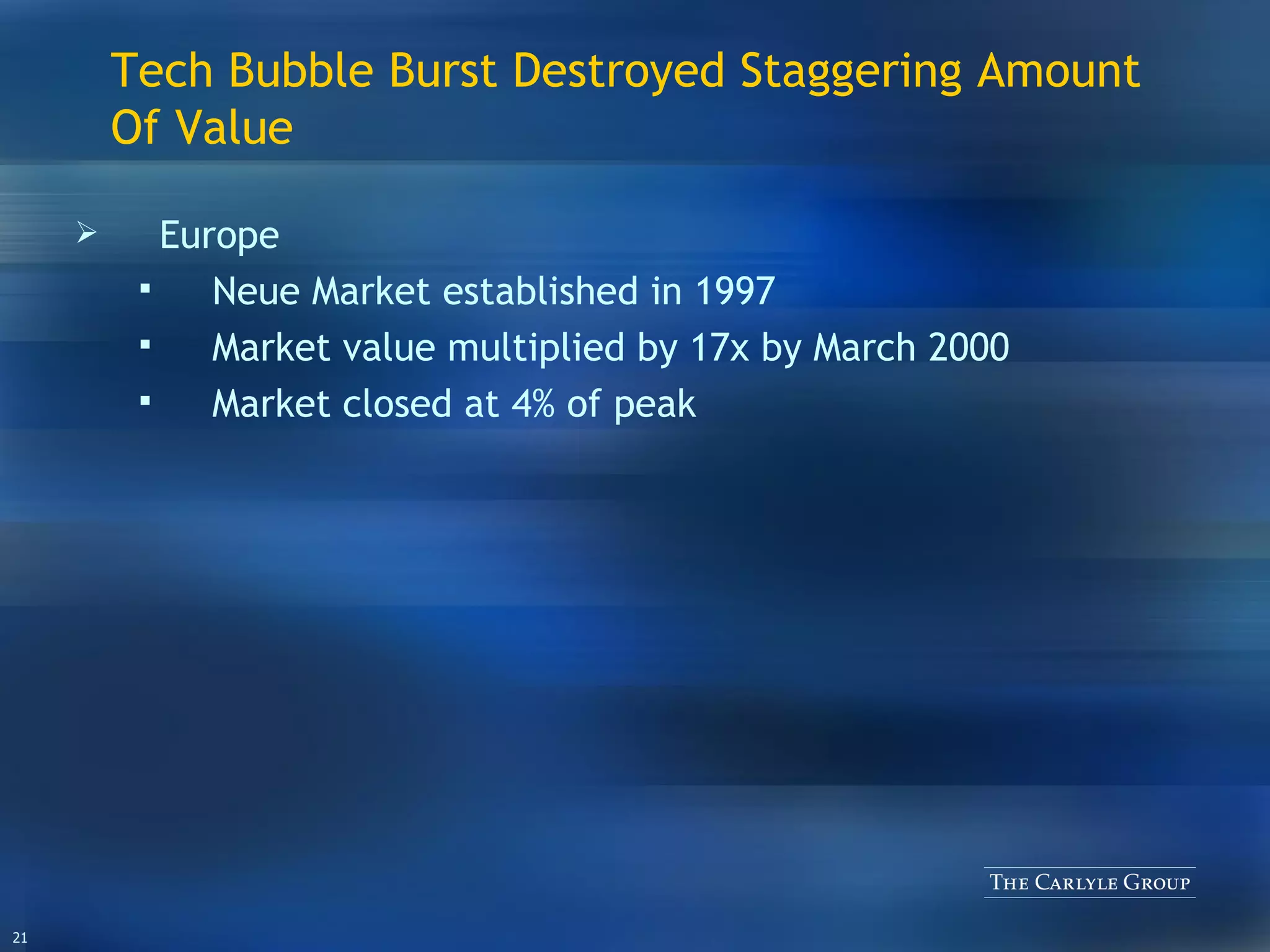 Tech Bubble Burst Destroyed Staggering Amount Of Value Europe Neue Market established in 1997 Market value multiplied by 17x by March 2000 Market closed at 4% of peak 
