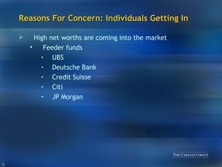 Reasons For Concern: Individuals Getting In High net worths are coming into the market Feeder funds UBS Deutsche Bank Credit Suisse Citi JP Morgan 