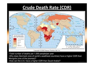 Crude Death Rate (CDR) 
-Total number of deaths per 1,000 people/per year 
-Why does Denmark (one of world’s wealthiest countries) have a higher CDR than 
Mongolia (one of the poorest)? 
-How can the U.S. have a higher CDR than Saudi Arabia? 
 