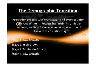 The Demographic Transition 
Population process with four stages, and every country 
is in one of them. Process has beginning, middle, 
and end, and is not irreversible. Also, countries do 
not revert to an earlier stage 
Stage 1: Low Growth 
Stage 2: High Growth 
Stage 3: Moderate Growth 
Stage 4: Low Growth 
 
