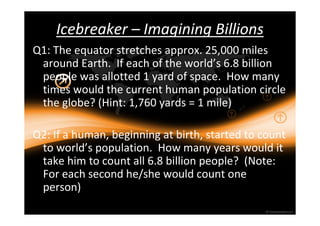Icebreaker – Imagining Billions 
Q1: The equator stretches approx. 25,000 miles 
around Earth. If each of the world’s 6.8 billion 
people was allotted 1 yard of space. How many 
times would the current human population circle 
the globe? (Hint: 1,760 yards = 1 mile) 
Q2: If a human, beginning at birth, started to count 
to world’s population. How many years would it 
take him to count all 6.8 billion people? (Note: 
For each second he/she would count one 
person) 
 
