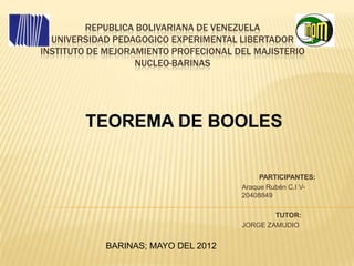 REPUBLICA BOLIVARIANA DE VENEZUELA
  UNIVERSIDAD PEDAGOGICO EXPERIMENTAL LIBERTADOR
INSTITUTO DE MEJORAMIENTO PROFECIONAL DEL MAJISTERIO
                   NUCLEO-BARINAS




        TEOREMA DE BOOLES

                                            PARTICIPANTES:
                                       Araque Rubén C.I V-
                                       20408849

                                               TUTOR:
                                       JORGE ZAMUDIO


            BARINAS; MAYO DEL 2012
 