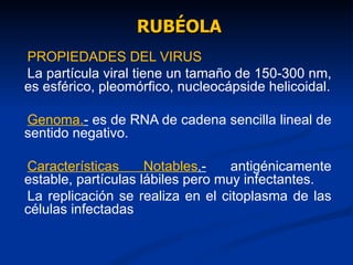 RUBÉOLA PROPIEDADES DEL VIRUS La partícula viral tiene un tamaño de 150-300 nm, es esférico, pleomórfico, nucleocápside helicoidal. Genoma. -  es de RNA de cadena sencilla lineal de sentido negativo. Características Notables .-  antigénicamente estable, partículas lábiles pero muy infectantes. La replicación se realiza en el citoplasma de las células infectadas  