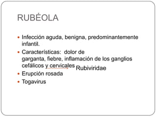 RUBÉOLA

 Infección aguda, benigna, predominantemente
  infantil.
 Características: dolor de
  garganta, fiebre, inflamación de los ganglios
  cefálicos y cervicales Rubiviridae
 Erupción rosada
 Togavirus
 