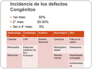 Incidencia de los defectos
  Congénitos
   1er mes:                   50%
   2° mes:                   20-30%
   3er o 4° mes:              5%
oftalmológic Cardiológic      Auditivo    Neurológico Otro
o            o
Catarata      CAP             Sordera     Conducta     Falla en el
                              Sensorial                medro

Retinopatía   Estenosis                   Meningoenc   Osteopenia
              periférico de               efalitis
              la A.
Glaucoma      Pulmonar                    Retraso      Hepatoesple
                                          mental       nomegalia

                                                       trombocitope
                                                       tia
 