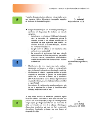 Diagnóstico y Manejo del Síndrome de Rubeola Congénita
17
Todos los datos serológicos deben ser interpretados junto
con los datos clínicos del paciente con cuadro sugestivo
de Síndrome de Rubeola Congénita
IV
[E: Shekelle]
Rajasundari TA, 2008
 Las pruebas serológicas son el método preferido para
confirmar el diagnóstico de síndrome de rubéola
congénita
- Actualmente el método de ELISA es el más usado
para la detección de anticuerpos contra la
rubéola, ya que es un método sensible para la
detección de IgM específica para rubéola, en
muestra de suero o exudado faríngeo, durante
los primeros meses de vida.
- La IgM contra la rubéola es útil si se toma antes
de los tres meses de edad
- La presencia de anticuerpos IgM para rubeola
deben siempre ser interpretados con precaución
si no está claro el cuadro clínico, principalmente
cuando se determina de forma rutinaria durante
el embarazo
 El aislamiento del virus requiere de mucho trabajo y
es costoso, por lo que no se utiliza en forma rutinaria
para el diagnóstico de síndrome de rubeola congénita
 El síndrome de rubeola congénita también se puede
diagnosticar mediante la prueba de transcripción
reversa de la reacción en cadena de la polimerasa
(RT-PCR) mediante la cual se detecta la presencia del
virus de la rubéola, es un método con alta sensibilidad
y especificidad
 Para efectos de confirmación, en algunos lugares aún
se usa la aglutinación en látex, la hemólisis radial
simple y la neutralización en placa
III
[E: Shekelle]
World Health Organization.
2011
Si una mujer durante el embarazo, presentó alguna
erupción cutánea con fiebre o tuvo contacto con una
persona con erupción o fiebre, aunque el niño no presente
ningún signo que haga sospechar en ese momento de
daño por infección con virus de la rubeola, refiéralo para
diagnóstico serológico, ya que se han encontrado
alteraciones funcionales oculares y de oído durante el
desarrollo del niño
III
[E: Shekelle]
da Silva e Sá GR, 2006
R
E
R
 