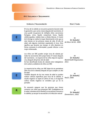 Diagnóstico y Manejo del Síndrome de Rubeola Congénita
21
4.4. Vigilancia y Seguimiento
Evidencia / Recomendación Nivel / Grado
El virus de la rubéola se encuentra presente durante toda
la gestación y por varios meses después del nacimiento, el
virus puede recuperarse de múltiples sitios: secreciones
faríngeas, orina, líquido conjuntival, heces, líquido
cefalorraquídeo, médula ósea y células blancas. A través
de la faringe se realiza la mayor diseminación viral, que es
más intensa en los primeros meses de vida. Al año de
edad, solo algunos continúan expulsando el virus. Esto
significa que durante ese tiempo, el niño disemina en
forma constante la enfermedad y puede infectar a otra
mujer embarazada.
III
[E: Shekelle]
da Silva e Sá GR, 2006
Los niños con SRC pueden arrojar virus de rubeola por
todas las secreciones del cuerpo hasta 27 meses después
del nacimiento , la mayoría de los niños deja de expulsar
virus después del primer año de edad
Se han identificado brotes de rubeola entre trabajadores
de la salud y cuidadores de niños con SRC
III
[E: Shekelle]
World Health Organization.
2011
La mayoría de los niños con SRC dejan de ser portadores
(del virus de la rubeola) después de que cumplen un año
de edad
También después de los tres meses de edad se pueden
realizar cultivos específicos para virus de la rubeola, si
resulta negativo se repite el cultivo al mes, si el segundo
cultivo resulta negativo se considera que ya no es
portador
III
[E: Shekelle]
Reef S. 2008
Es necesario asegurar que las personas que tienen
contacto con niños que presentan SRC (trabajadores de
la salud, miembros de la familia) se encuentren inmunes a
la rubéola, ya sea por la vacunación o la infección natural
D
[E: Shekelle]
Zimmerman L. 2001
E
R
E
E
 