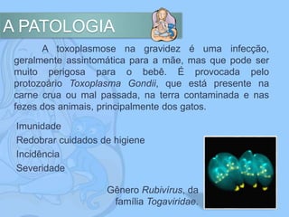 A PATOLOGIA
A toxoplasmose na gravidez é uma infecção,
geralmente assintomática para a mãe, mas que pode ser
muito perigosa para o bebê. É provocada pelo
protozoário Toxoplasma Gondii, que está presente na
carne crua ou mal passada, na terra contaminada e nas
fezes dos animais, principalmente dos gatos.
Gênero Rubivírus, da
família Togaviridae.
Imunidade
Redobrar cuidados de higiene
Incidência
Severidade
 