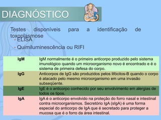 DIAGNÓSTICO
Testes disponíveis para a identificação de
toxoplasmose
• ELISA
• Quimiluminescência ou RIFI
IgM IgM normalmente é o primeiro anticorpo produzido pelo sistema
imunológico quando um microorganismo novo é encontrado e é o
sistema de primeira defesa do corpo.
IgG Anticorpos de IgG são produzidos pelos lifócitos-B quando o corpo
é atacado pelo mesmo microorganismo em uma invasão
subseqüente.
IgE IgE é o anticorpo conhecido por seu envolvimento em alergias de
todos os tipos.
IgA IgA é o anticorpo envolvido na proteção do forro nasal e intestinal
contra microorganismos. Secretório IgA (sIgA) é uma forma
especial do anticorpo de IgA que é secretado para proteger a
mucosa que é o forro da área intestinal.
 