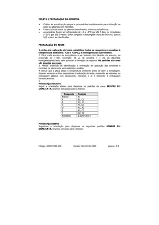 COLETA E PREPARAÇÃO DA AMOSTRA

    Coletar as amostras de sangue e processá-las imediatamente para obtenção de
    soros ou plasmas sem hemólise.
    Evitar o uso de soros ou plasmas hemolisados, ictéricos ou lipêmicos.
    As amostras devem ser refrigeradas de +2 a +8ºC por até 7 dias, ou congeladas
    a -20oC por até 6 meses. Evitar congelar e descongelar mais de uma vez, pois as
    IgM podem ser danificadas.


PREPARAÇÃO DO TESTE

1. Antes da realização do teste, estabilizar todos os reagentes e amostras à
temperatura ambiente (+20 a +25ºC), e homogeneizar suavemente.
2. Diluir cada amostra de soro/plasma a ser testado com diluente da amostra, na
proporção de 1+101 (exemplo: 10 µL de amostra + 1 mL de diluente),
homogeneizando bem, sem provocar a formação de espuma. Os padrões da curva
são prontos para uso.
3. Montar protocolo de identificação e orientação de aplicação das amostras e
controles na placa onde será realizada a análise.
4. Deixar que a placa atinja a temperatura ambiente antes de abrir a embalagem.
Separar somente as tiras necessárias à realização do teste, mantendo as restantes na
embalagem plástica com dessecante, retirando o ar e fechando a embalagem
hermeticamente.
5.
Método Quantitativo
Seguir a orientação abaixo para dispensar os padrões da curva SEMPRE EM
DUPLICATA, reservar dois poços para o branco:

                          Reagente      Posição
                        Branco          A1
                        A               B1, C1
                        B               D1, E1
                        C               F1, G1
                        D               H1, A2
                        E               B2, C2
                        F               D2, E2
                        Amostras        a partir de F2


Método Qualitativo
Sugerimos a orientação para dispensar os seguintes padrões SEMPRE EM
DUPLICATA, reservar um poço para o branco:




Código: 007Y07032-100              Versão: 002-05 06-2005              página:   4/8
 