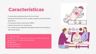 Características
Transmitida prenatalmente de forma vertical
Causante del síndrome de la rubéola congénita solo antes de la
semana 16
Forma parte de las infecciones TORCH
Puede transmitirse por la lactancia
Las consecuencias dependen del estado embrionario del feto y
salud de la madre
T > Toxoplasmosis
O > Otros ( VZV, Adenovirus, Parvovirus B-19, Enterovirus,
Epstein Barr, M. Tuberculosis complex )
R > Rubéola
C > Citomegalovirus
H > Herpes simple
 