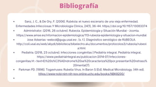 Bibliografía
Sanz, J. C., & De Ory, F. (2006). Rubéola: el nuevo escenario de una vieja enfermedad.
Enfermedades Infecciosas Y Microbiologia Clinica, 24(1), 36–44. https://doi.org/10.1157/13083374
Administrator. (2016, 26 octubre). Rubeola. Epidemiología y Situación Mundial - Joomla.
https://www.amse.es/informacion-epidemiologica/113-rubeola-epidemiologia-y-situacion-mundial
Jose Adserias -webcd@gugu.usal.es-. (s. f.). Diagnóstico serológico de RUBEOLA.
http://coli.usal.es/web/abydl/biblioteca/bibelectro.alu/documentos/protocolos3/rubeola/rubeol
a.html
Pediatria. (2018, 23 octubre). Infecciones congénitas | Pediatría integral. Pediatría integral.
https://www.pediatriaintegral.es/publicacion-2014-07/infecciones-
congenitas/#:~:text=El%20s%C3%ADndrome%20se%20caracteriza%20por,presentan%20retraso%
20mental(7).
Parkman PD. (1996). Togaviruses: Rubella Virus. In Baron S (Ed). Medical Microbiology. (4th ed).
https://www-ncbi-nlm-nih-gov.online.uchc.edu/books/NBK8200/
 