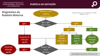 portaldeboaspraticas.iff.fiocruz.br
RUBÉOLA NA GESTAÇÃO
Diagnóstico da
Rubéola Materna
Gestação de alto risco: manual técnico 5ª Edição
MS/Brasil – 2012.
Gestante com
quadro
exantemático
IgG e IgM
após 5 dias
Suspeita de
infecção
aguda
IgM + IgM -
IgG +
Descarta
infecção
aguda
IgG -
Exame
colhido
após 5
dias
Exame
colhido
antes de 4
dias
Repetir IgG
em 3
semanas
IgG + IgG -
Confirma
infecção
aguda
 