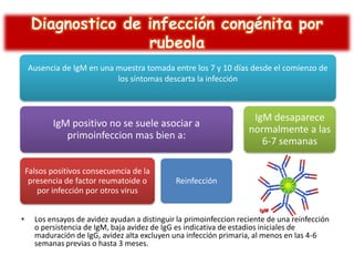 Diagnostico de infección congénita por
rubeola
Ausencia de IgM en una muestra tomada entre los 7 y 10 días desde el comienzo de
los síntomas descarta la infección

IgM positivo no se suele asociar a
primoinfeccion mas bien a:
Falsos positivos consecuencia de la
presencia de factor reumatoide o
por infección por otros virus
•

IgM desaparece
normalmente a las
6-7 semanas

Reinfección

Los ensayos de avidez ayudan a distinguir la primoinfeccion reciente de una reinfección
o persistencia de IgM, baja avidez de IgG es indicativa de estadios iniciales de
maduración de IgG, avidez alta excluyen una infección primaria, al menos en las 4-6
semanas previas o hasta 3 meses.

 