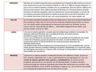 WINDOWS Windows es un sistema operativo para computadoras es propiedad de Microsoft es uno de los
mas usados en el mundo. Se comenzó a diseñar en 1981 y en 1985 se introdujo Windows 1.0
que no era un sistema operativo completo sino un complemento. Pero fue solo en 1990 que se
lazo la primera versión como sistema operativo el Windows 3.0. Windows ya lanzo diversas
versiones de sistemas operativos cada una mejorada con nuevas tecnologías. La función de
los sistemas operativos de Windows es facilitar el acceso del usuario ala computadora, con
hun interfaz mas bonita y fácil de usar, con nuevos programas, con mayor rapidez, etc.
Mac OS Es el nombre del sistema operativo creado por Apple para su línea de computación Macintosh.
Es conocido por haber sido uno de los primeros sistemas dirigidos al gran publico en contra
con una interfaz grafica compuesta por la interaccion del mouse con ventanas, iconos y
menus. Esta fue base del Mac Os clásico ¿, desarrollado íntegramente por Apple, cuya
primera versión vio la luz en 1985
LINUX Linux es un sistema operativo, una gran pieza de software que controla un computador. Es
parecido a Microsoft Windows, pero completamente libre. El nombre correcto
es GNU/Linux pero "Linux" se usa más.
Linux no es el producto de una sola compañía, es el resultado de la contribución de un gran
número de compañías y grupos de personas. De hecho, el sistema GNU/Linux es un
componente central, el cual se transforma en muchos productos diferentes: las
llamadas distribuciones.
Las distribuciones cambian la apariencia y funcionamiento de Linux completamente. Las hay
desde grandes sistemas completos totalmente equipados (respaldadas por compañías) hasta
las más ligeras que entran en un llavero USB o funcionan en computadores viejos (usualmente
desarrolladas por voluntarios).
ANDROID Android es un sistema operativo inicialmente pensado para teléfonos móviles, al igual que
iOS, Symbian y Blackberry OS. Lo que lo hace diferente es que está basado en Linux, un
núcleo de sistema operativo libre, gratuito y multiplataforma. El sistema permite
programar aplicaciones en una variación de Java llamada Dalvik. El sistema operativo
proporciona todas las interfaces necesarias para desarrollar aplicaciones que accedan a las
funciones del teléfono (como el GPS, las llamadas, la agenda, etc.) de una forma muy sencilla
en un lenguaje de programación muy conocido como es Java.
 