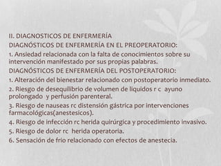 II. DIAGNOSTICOS DE ENFERMERÍA
DIAGNÓSTICOS DE ENFERMERÍA EN EL PREOPERATORIO:
1. Ansiedad relacionada con la falta de conocimientos sobre su
intervención manifestado por sus propias palabras.
DIAGNÓSTICOS DE ENFERMERÍA DEL POSTOPERATORIO:
1. Alteración del bienestar relacionado con postoperatorio inmediato.
2. Riesgo de desequilibrio de volumen de liquidos r c ayuno
prolongado y perfusión parenteral.
3. Riesgo de nauseas rc distensión gástrica por intervenciones
farmacológicas(anestesicos).
4. Riesgo de infección rc herida quirúrgica y procedimiento invasivo.
5. Riesgo de dolor rc herida operatoria.
6. Sensación de frio relacionado con efectos de anestecia.
 