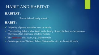 HABIT AND HABITAT:
HABITAT :
Terrestrial and rarely aquatic.
HABIT :
 Majority of plants are either trees or shrubs.
 The climbing habit is also found in the family. Some climbers are herbaceous,
whereas certain others are shrubby twiners.
 The epiphytes also occur, e.g., Myrmecodia.
 Certain species of Galium, Rubia, Oldenlandia, etc., are beautiful herbs
 