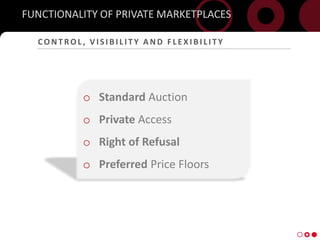 FUNCTIONALITY OF PRIVATE MARKETPLACES

      CONTROL, VISIBILITY AND FLEXIBILITY




              o Standard Auction
              o Private Access
              o Right of Refusal
              o Preferred Price Floors




9
 